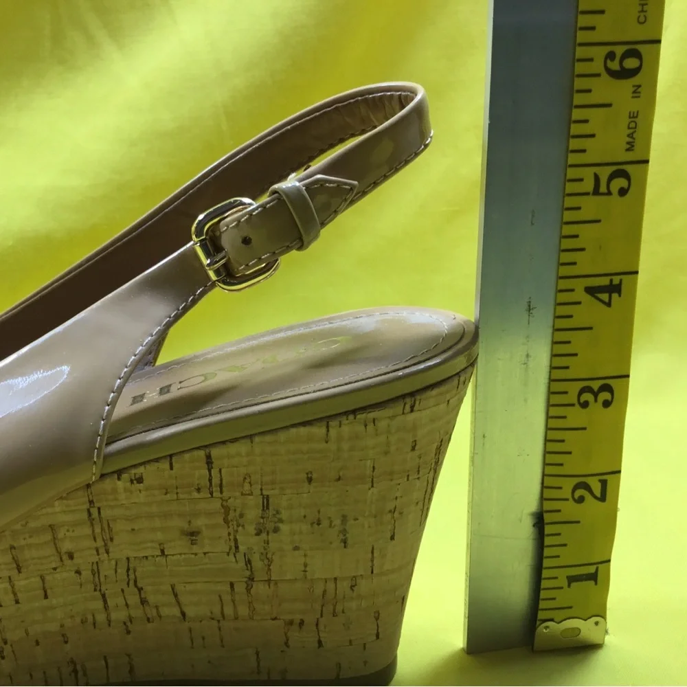 Coach Nude Patent Peep-Toe Wedge Slingbacks